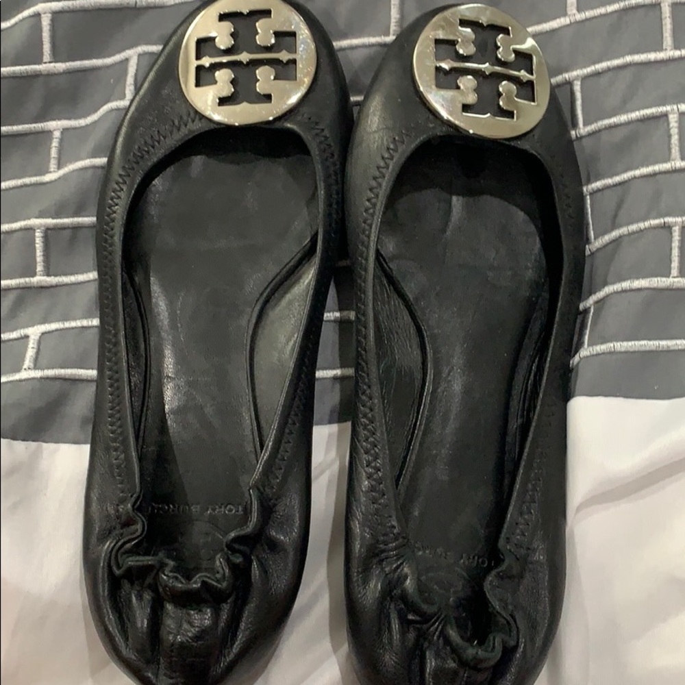 Tory Burch Black Leather Logo Ballet Flats with Gold Medallions